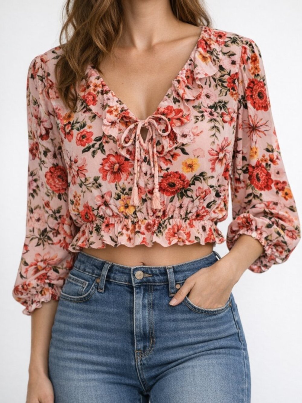 Old Navy Pink and Orange Floral Tie-Front Top